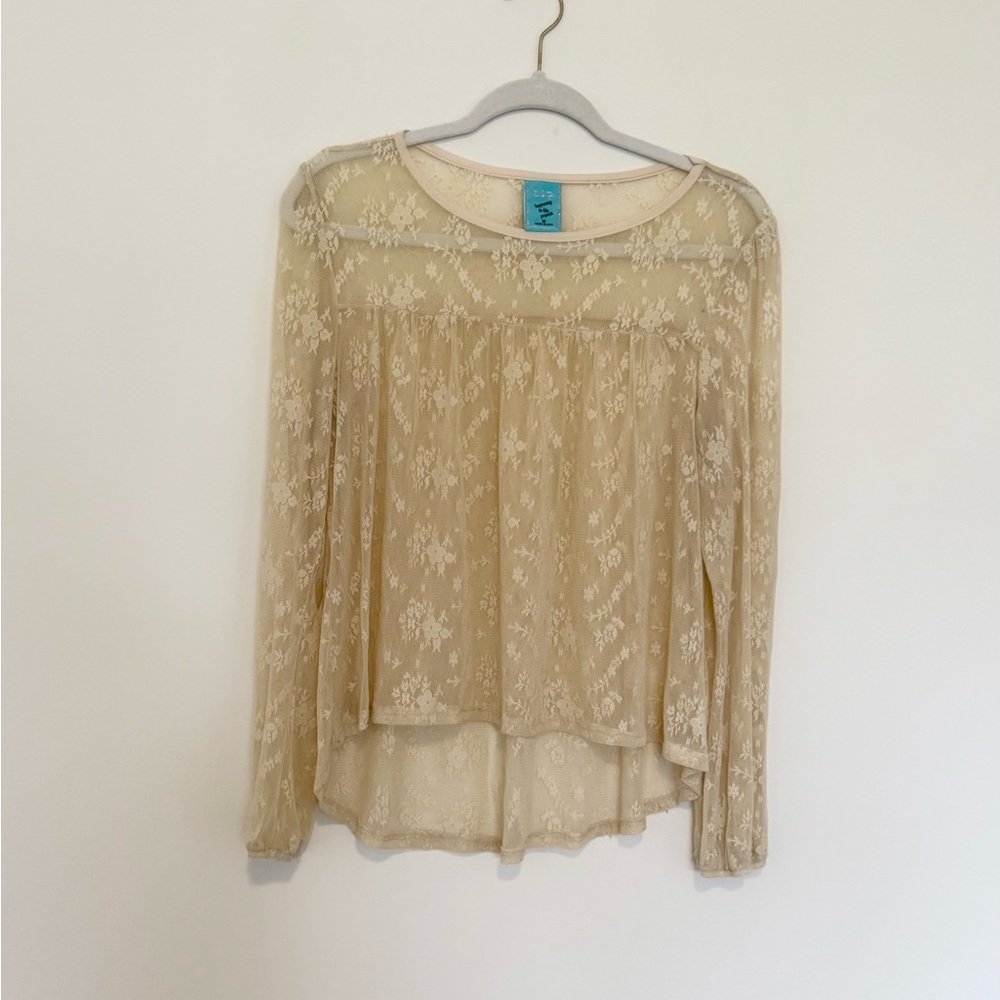 h.i.p. Tan Pleated Long Sleeve Lace Blouse